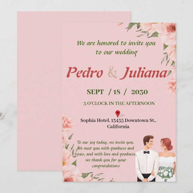 Wedding invitation printed with simple pink, white (Front/Back)