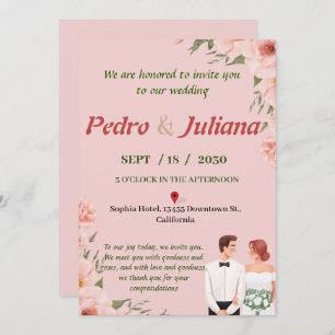 Wedding invitation printed with simple pink, white