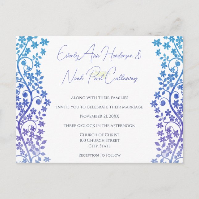 Wedding Invitation Purple and Blue Floral (Front)
