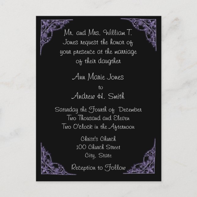 Wedding Invitation Purple Corners Black Postcard (Front)