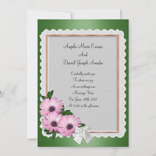 Wedding invitation Purple daisies on green satin (Front)