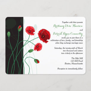 Wedding Invitation   Red Poppies with Black, Green