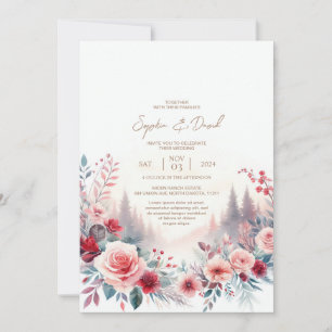 Wedding Invitation Red roses & pine trees