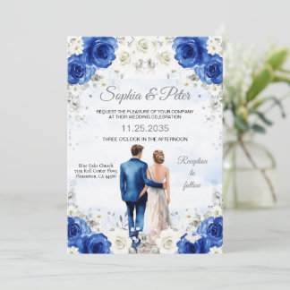 Wedding Invitation Royal Blue Flowers Roses