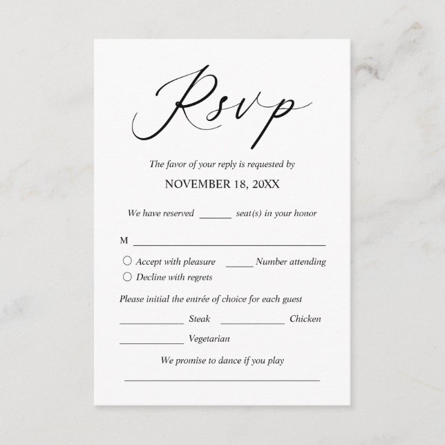 Wedding Invitation RSVP Respond, Meal options Card (Front)