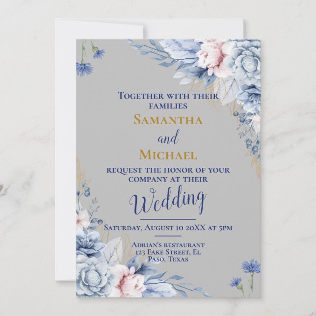 Wedding invitation: silver, flowers, rsvp, QR Invitation (Front)
