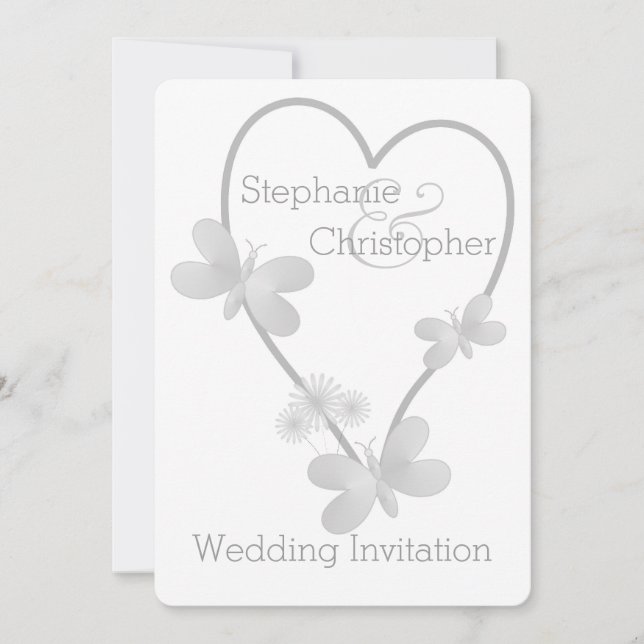 Wedding Invitation Silver Heart And Butterflies (Front)