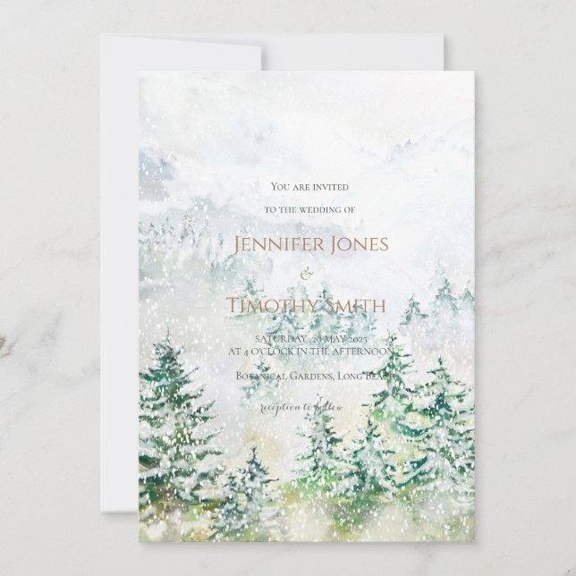 Wedding invitation snowy winter pine forest (Front)