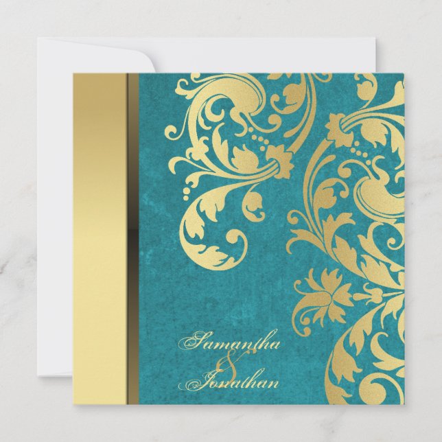 Wedding Invitation Teal Gold Shimmer Floral (Front)