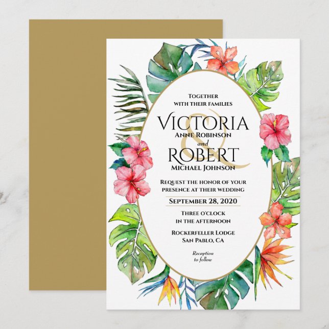 Wedding Invitation | Tropical Floral Watercolor (Front/Back)