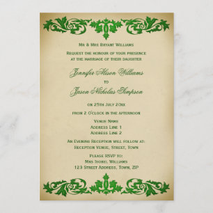 Wedding Invitation Vintage Leaf Scrolls in Green