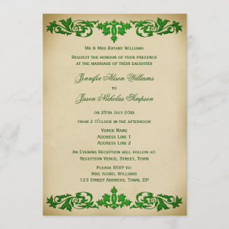 Wedding Invitation Vintage Leaf Scrolls in Green