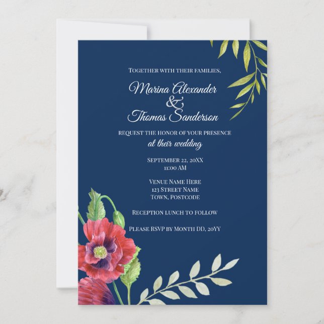 Wedding Invitation Watercolor Red Poppies Leaves (Front)