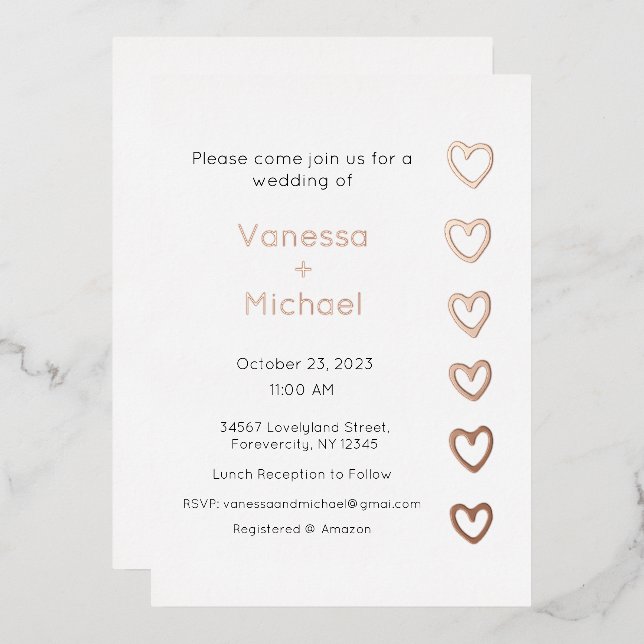 Wedding Invitation, Wedding Stationary, Heart Foil (Front/Back)