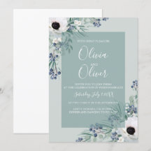 Wedding invitation white anemone sage green
