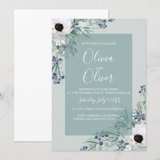 Wedding invitation white anemone sage green