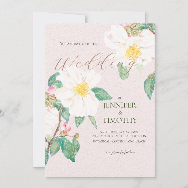 Wedding Invitation  white camellia flowers  (Front)