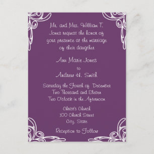 Wedding Invitation White Corners Swirl on Plum