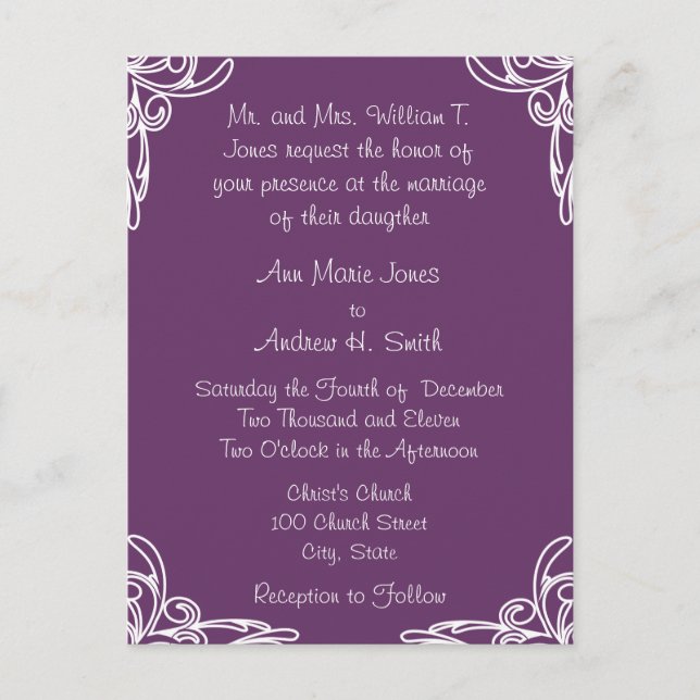 Wedding Invitation White Corners Swirl on Plum (Front)