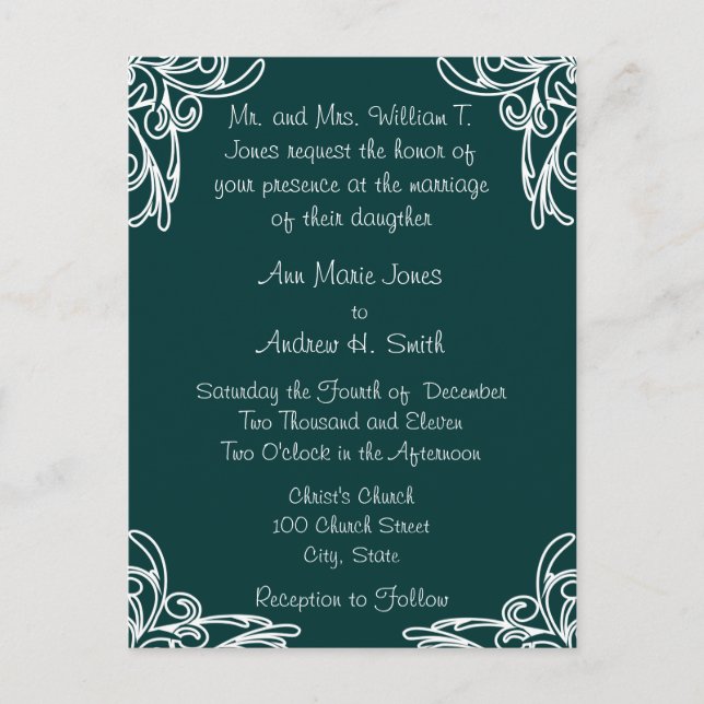 Wedding Invitation White Corners Swirls on SeaBlue (Front)