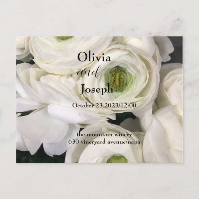 wedding invitation, white fresh roses, template postcard (Front)