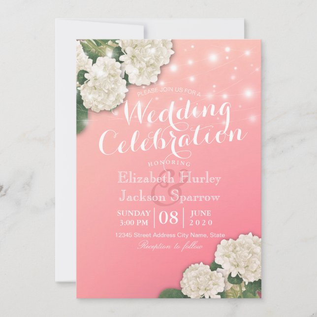 wedding invitation White Hydrangeas String Lights (Front)