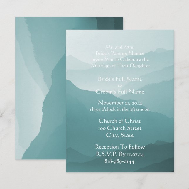 Wedding Invitation White On Misty SeaBlue (Front/Back)