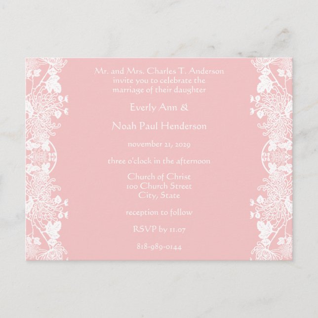 Wedding Invitation White On Pink Vintage Flowers (Front)