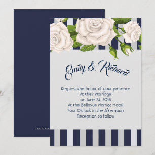 Wedding Invitation-White Roses on Blue Stripes Invitation