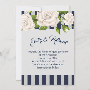Wedding Invitation-White Roses on Sapphire Stripes Invitation