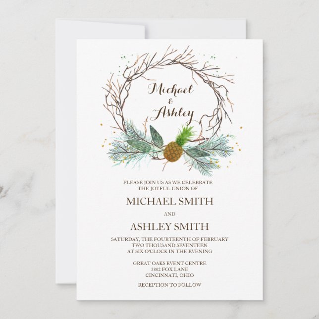 Wedding Invitation Winter Wreath with Pineapple (Front)