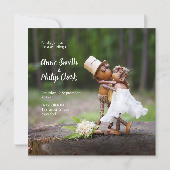 Wedding invitation with Acorn elves in love (Front)