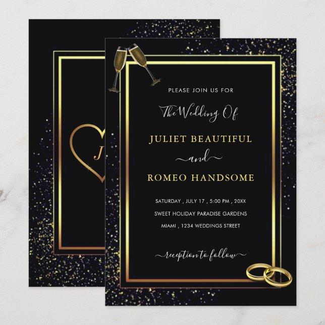 Wedding Invitation with Black Gold Elegant Frame (Front/Back)