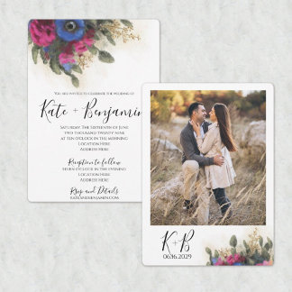 Wedding Invitation with Dark Pink & Blue Flowers