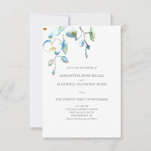 Wedding Invitation with QR Code Blue Flowers (Front)