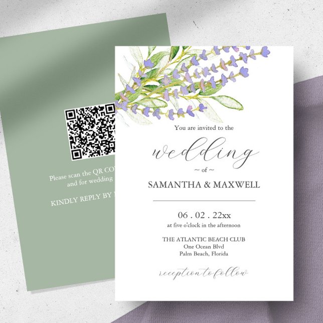 Wedding Invitation with QR Code Botanical Lavender (Wedding invitation QR code watercolor lavender art by Victoria Grigaliunas of Do Tell A Belle)