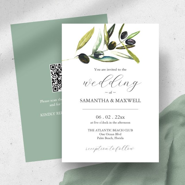 Wedding Invitation with QR Code Botanical Olive (Wedding invitations watercolor olive branch and QR code art by Victoria Grigaliunas Do Tell A Belle)