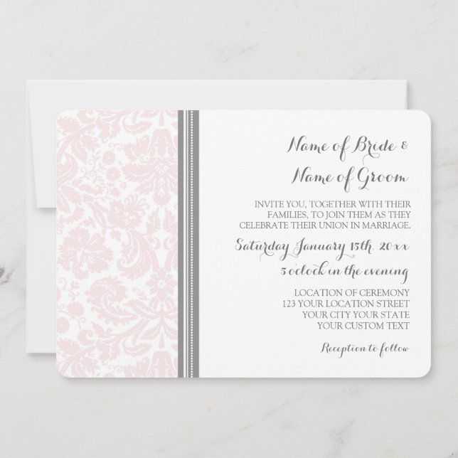 Wedding Invitations Blush Grey Damask Pattern (Back)