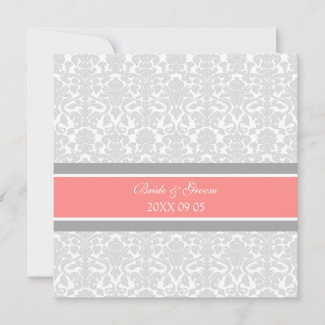 Wedding Invitations Coral Grey White Damask (Front)
