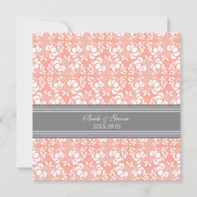 Wedding Invitations Coral Grey White Damask (Front)