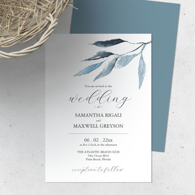 Wedding Invitations Dusty Blue Botanicals (Dusty blue wedding invitation botanical watercolor leaves by Victoria Grigaliunas of Do Tell A Belle)