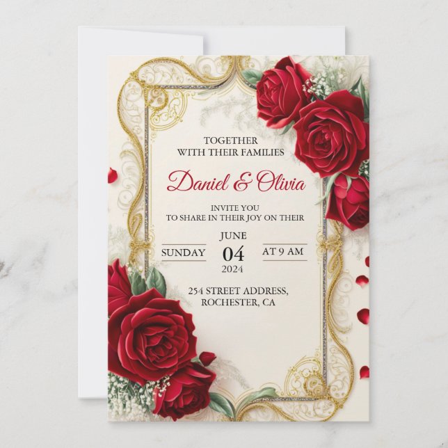  Wedding invitations Elegant with red flowers (Front)