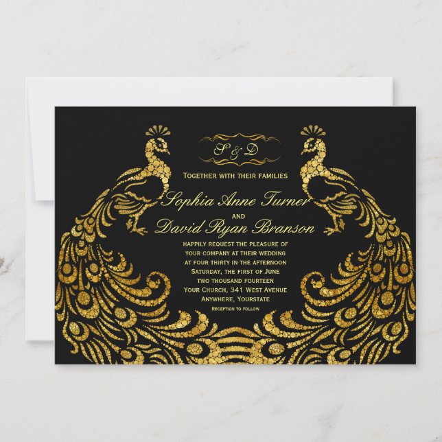 Wedding Invitations | Gold Peacock Black (Front)