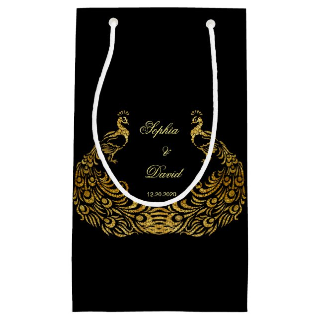 Wedding Invitations | Gold Peacock Black Favour Ba Small Gift Bag (Front)