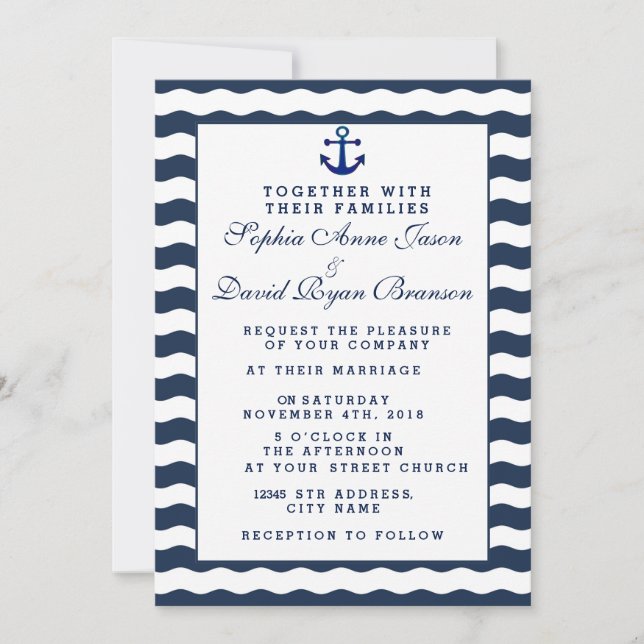 Wedding Invitations | Nautical Navy Waves Anchor (Front)