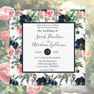 Wedding Invitations Navy Blue & Pink Roses Flowers