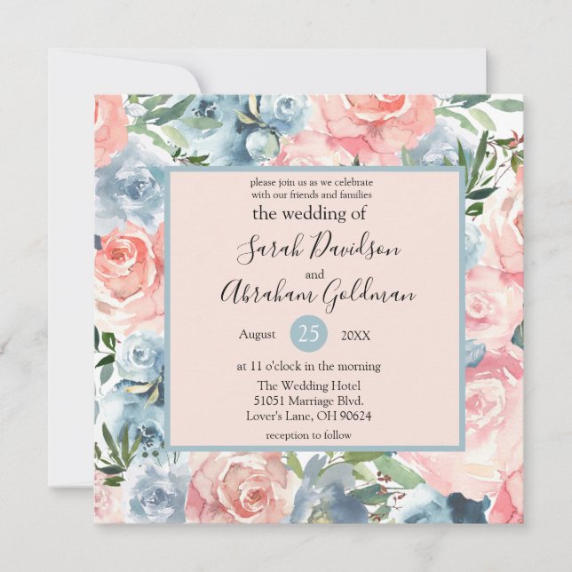 Wedding Invitations - Pink Blue Floral Eucalyptus (Front)