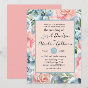 Wedding Invitations - Pink Dusty Blue Floral Roses