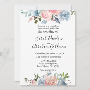 Wedding Invitations - Pink Dusty Blue Floral Roses