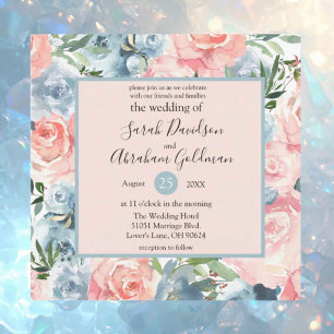 Wedding Invitations - Pink Dusty Blue Floral Roses